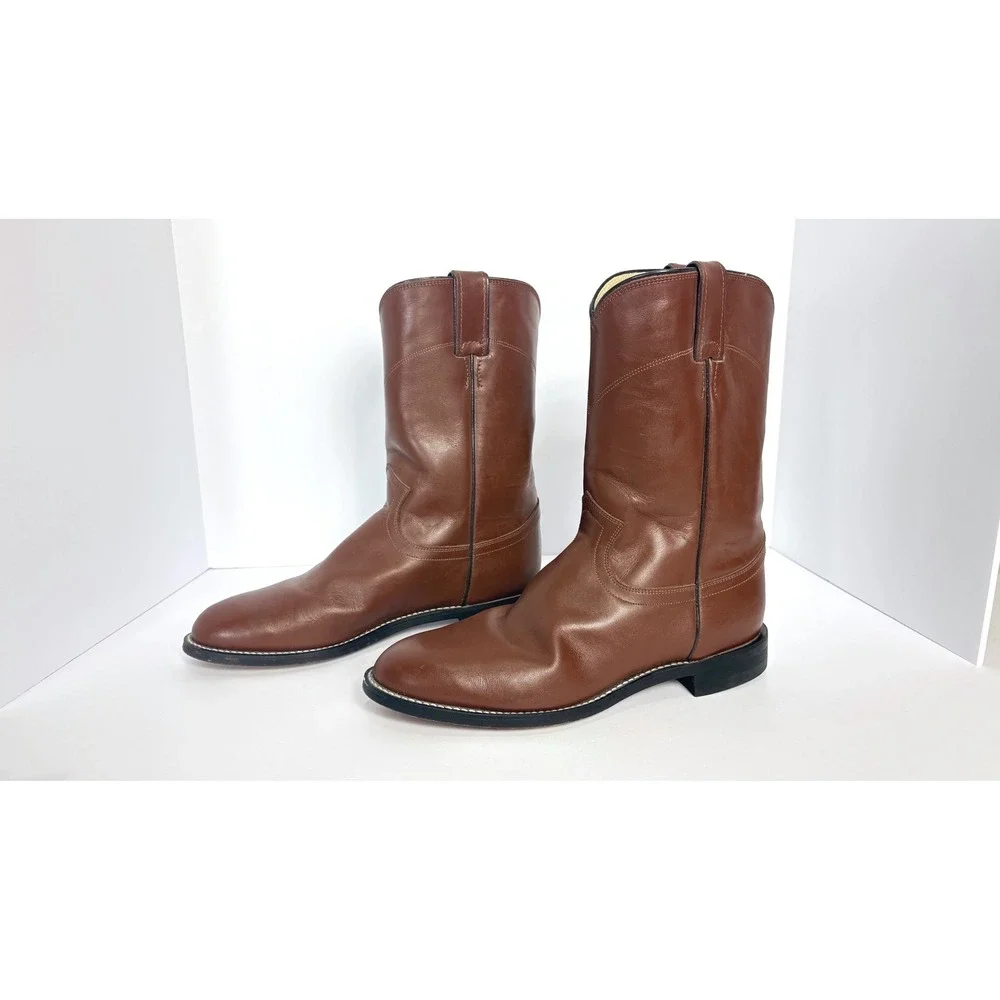 90s Vintage Justin Brown Leather Classic Roper Cowboy Boots Men Size 8D Western
